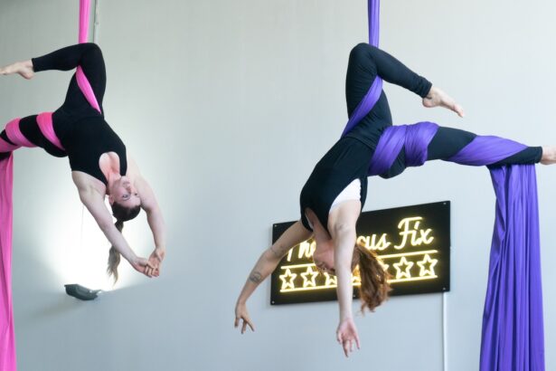2 people in the air wrapped in aerial silks