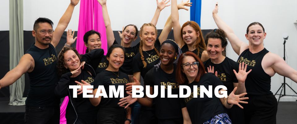 Photo of many men and women wearing Circus Fix shirts while smiling and posing in front of aerial silks after team building activities for work. 