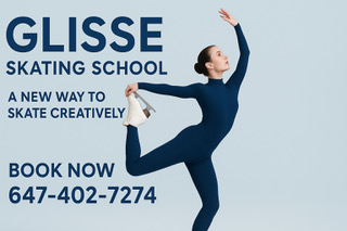 A woman figure skating on a poster that says Glisse Skating School. 