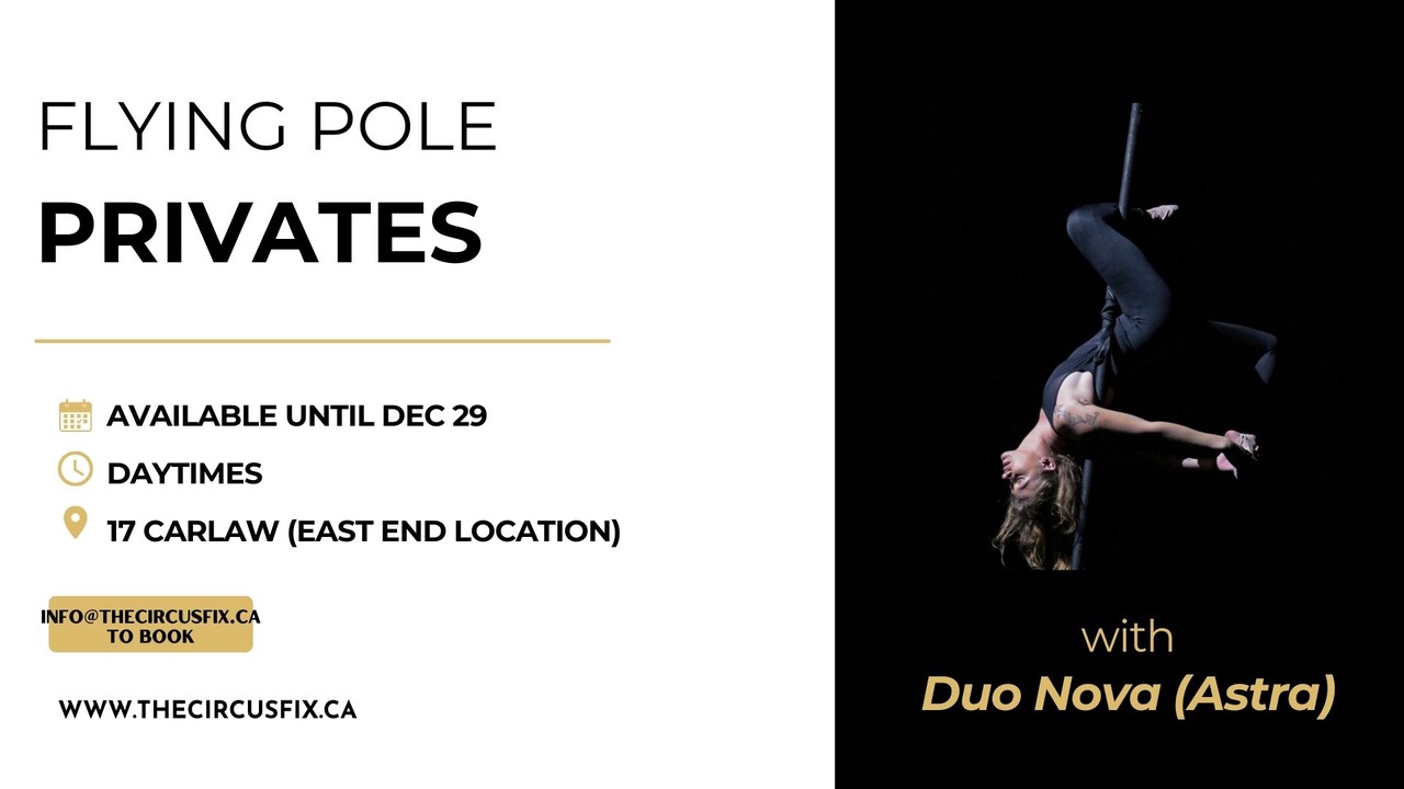 Poster for Duo Nova privates on flying pole. Image of woman upside down on flying pole.