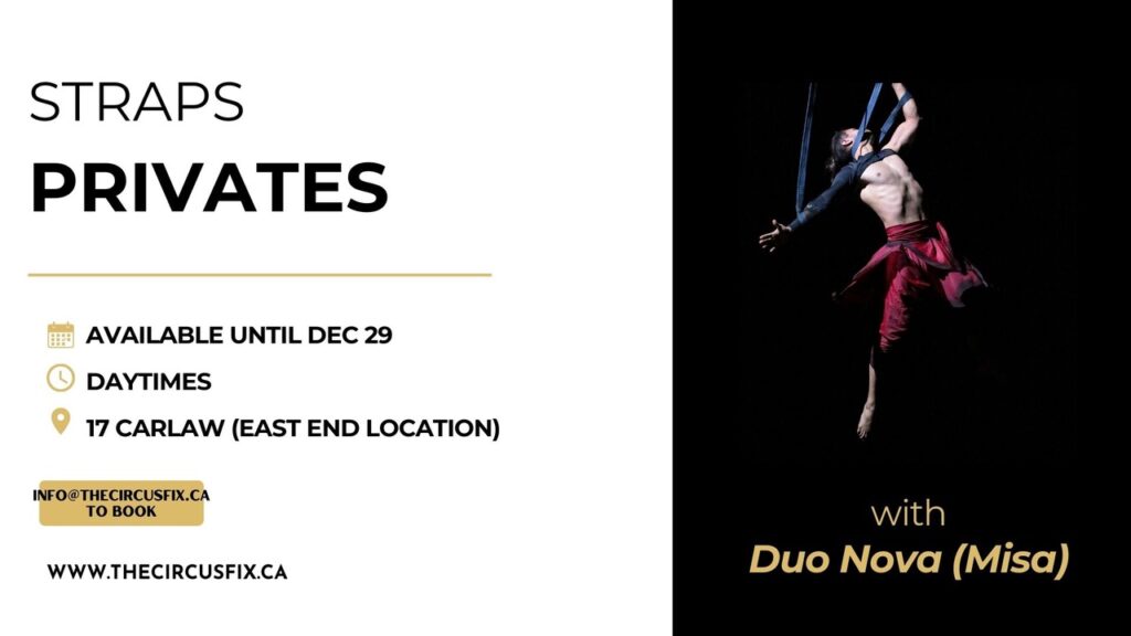 Poster advertising Straps Privates. Image of a man in the air on straps.