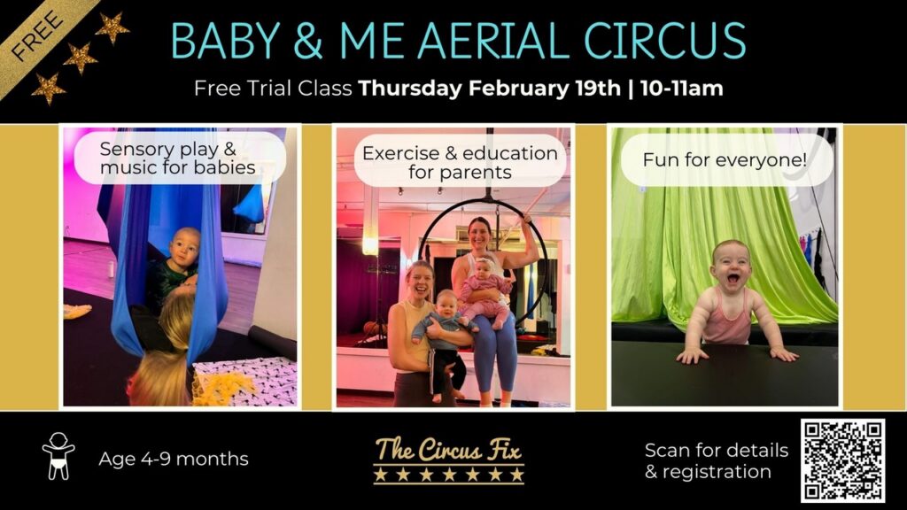 3 photos of a parent at an aerial class with baby
